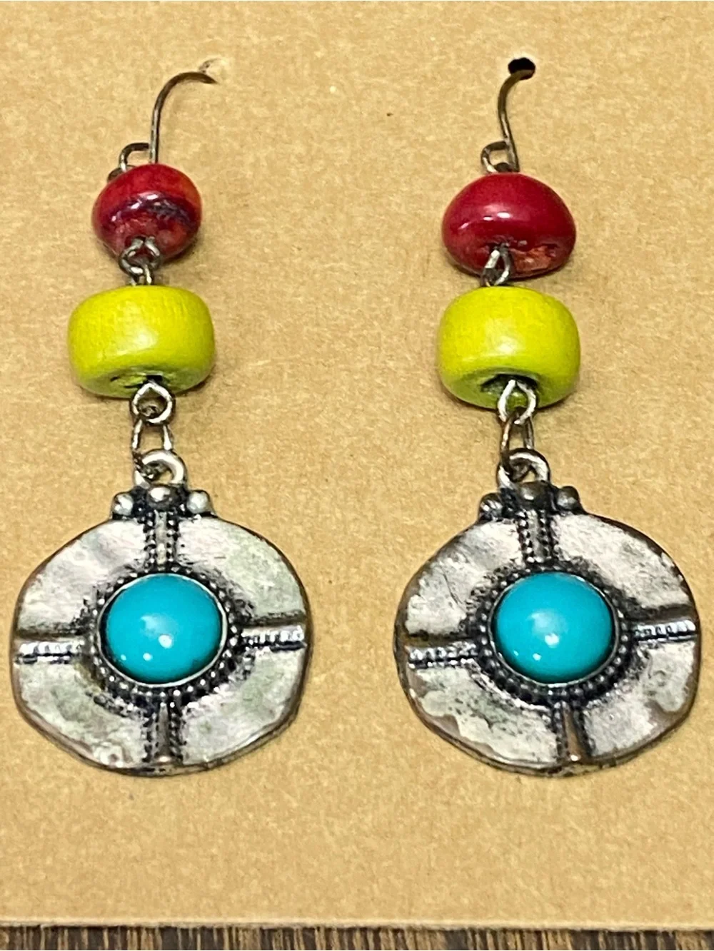 Boho Turquoise Medallion Drop Earrings with Red and Yellow Beads
